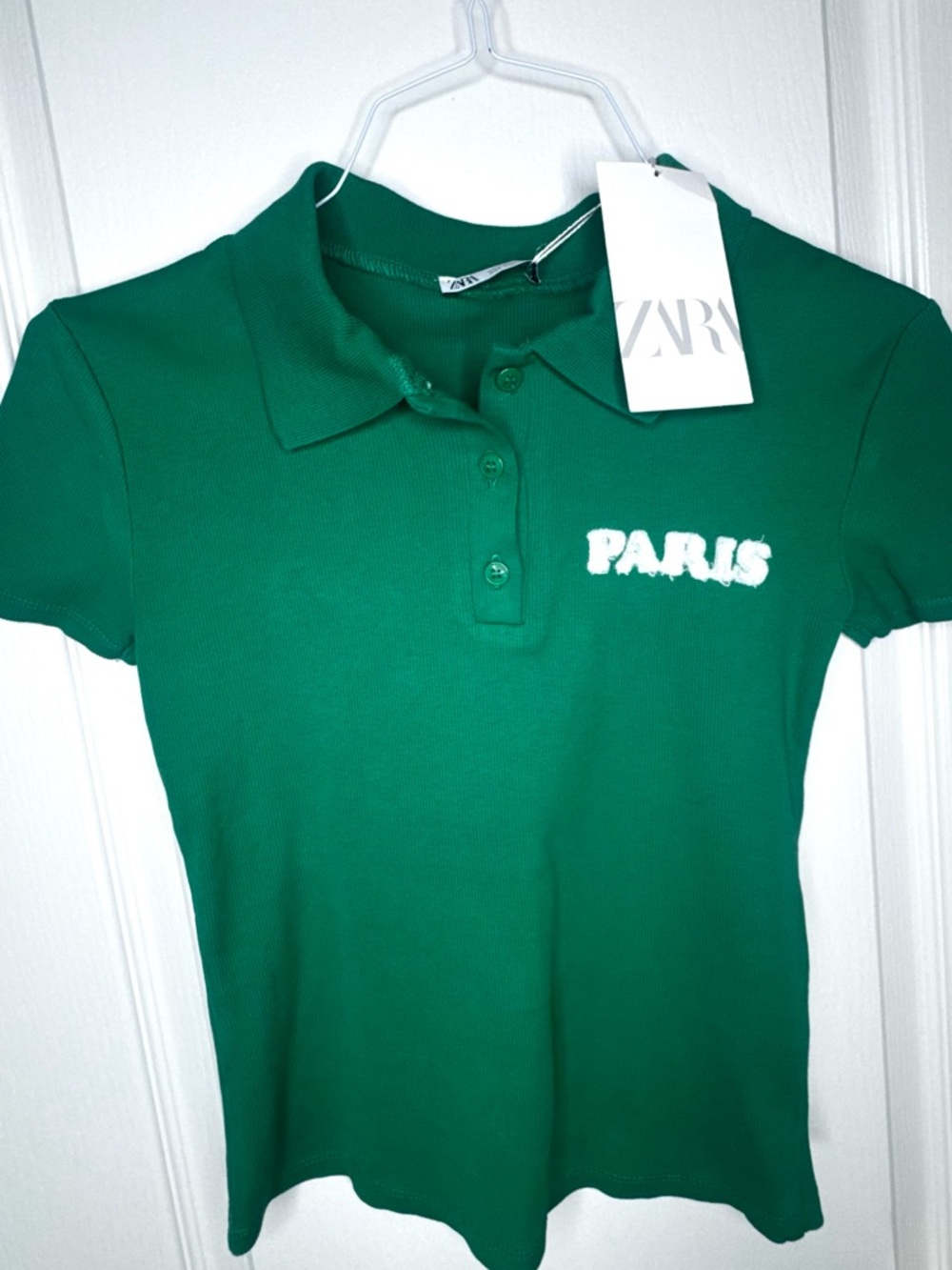 ZARA Emerald Green Polo Top with White 'PARIS' Embroidery